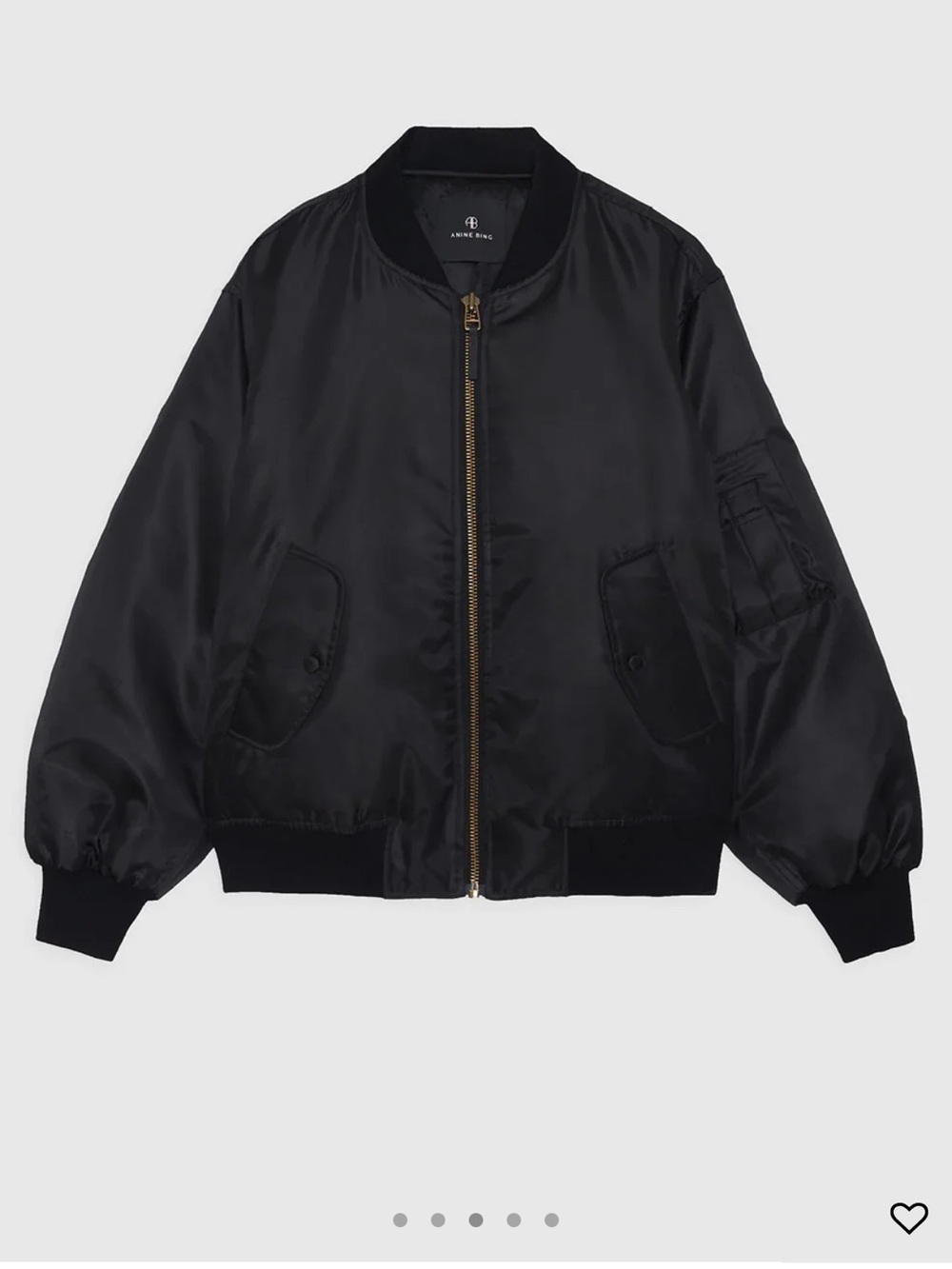Anine Bing Black Satin Bomber Jacket with Gold Zip